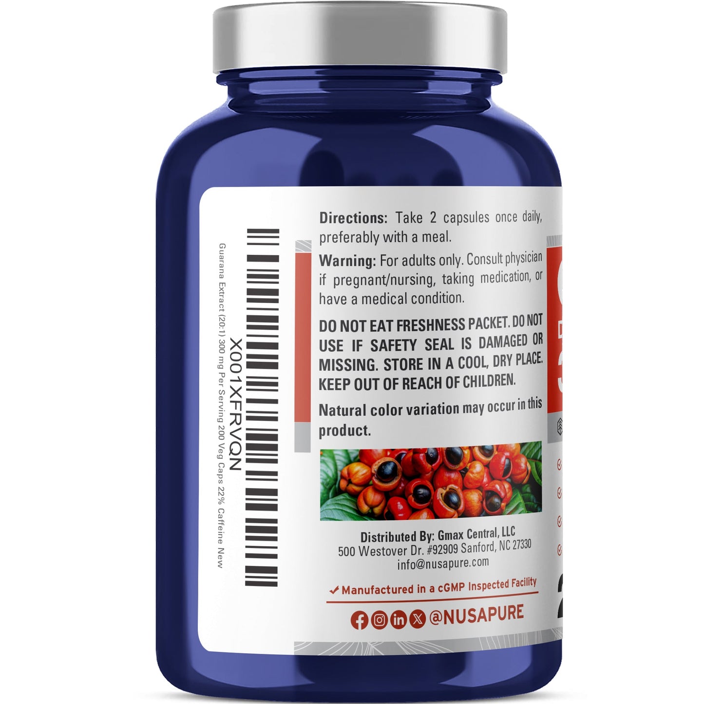 NusaPure Extracto de Guaraná Extracto 20:1, 300 mg por Cápsula Vegetal 200 Unidades (No OGM, Vegano)