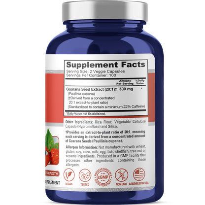 NusaPure Extracto de Guaraná Extracto 20:1, 300 mg por Cápsula Vegetal 200 Unidades (No OGM, Vegano)