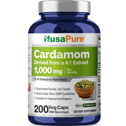 NusaPure Cardamomo Extracto 4:1, 1000 mg 200 Cápsulas Vegetarianas (Sin OMG, Vegano)