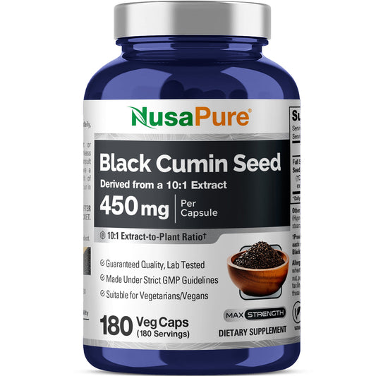 NusaPure Extracto de Semilla de Comino Negro de Espectro Completo 10:1, 450 mg 180 Cápsulas de Polvo Vegetal Sin OGM, Vegano No Graso