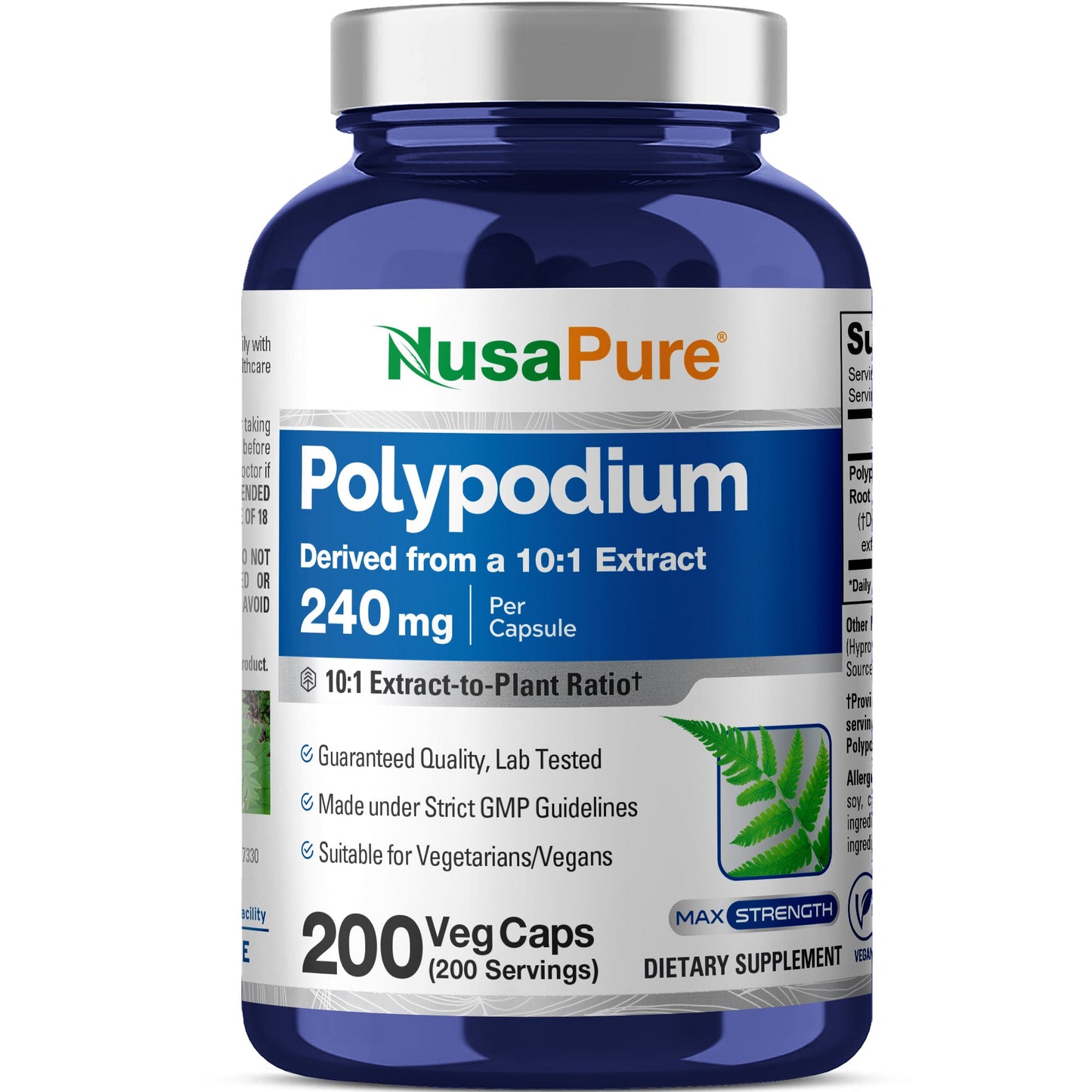 NusaPure Polypodium Leucotomos Extracto 10:1, 240 mg 200 Cápsulas Vegetales (Vegetariano, Sin OGM, Vegano)