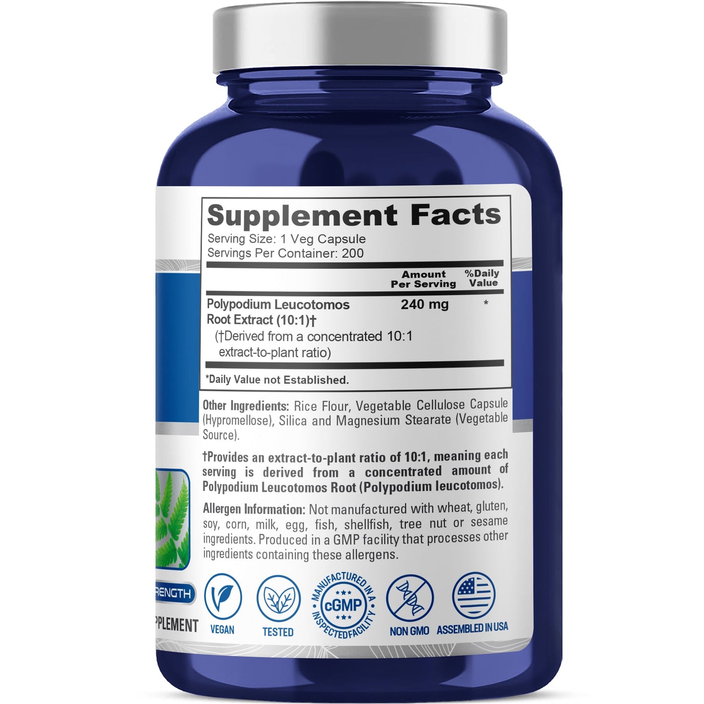 NusaPure Polypodium Leucotomos Extracto 10:1, 240 mg 200 Cápsulas Vegetales (Vegetariano, Sin OGM, Vegano)
