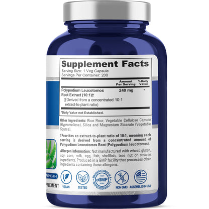 NusaPure Polypodium Leucotomos Extracto 10:1, 240 mg 200 Cápsulas Vegetales (Vegetariano, Sin OGM, Vegano)