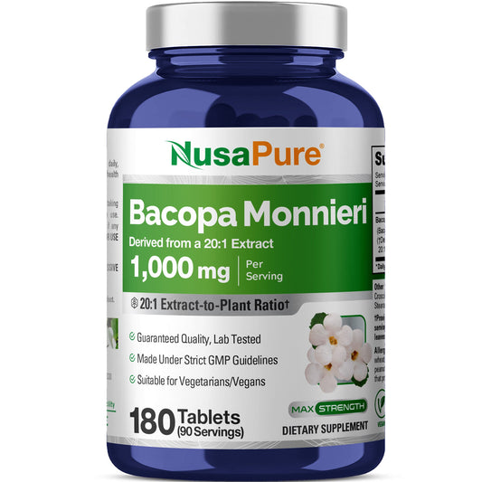 NusaPure Bacopa Leaf Monnieri Extract 1,000 mg 180 Tablets (Extract 20:1, Non-GMO, Gluten Free & Vegan)