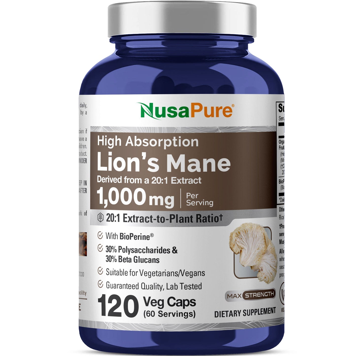 NusaPure Hongo Melena de León Extracto 20:1 1000 mg - Hecho con Melena de León Orgánica, Bioperina - 30 % Polisacáridos - 120 Cápsulas Vegetales. Sin OGM, Sin Gluten