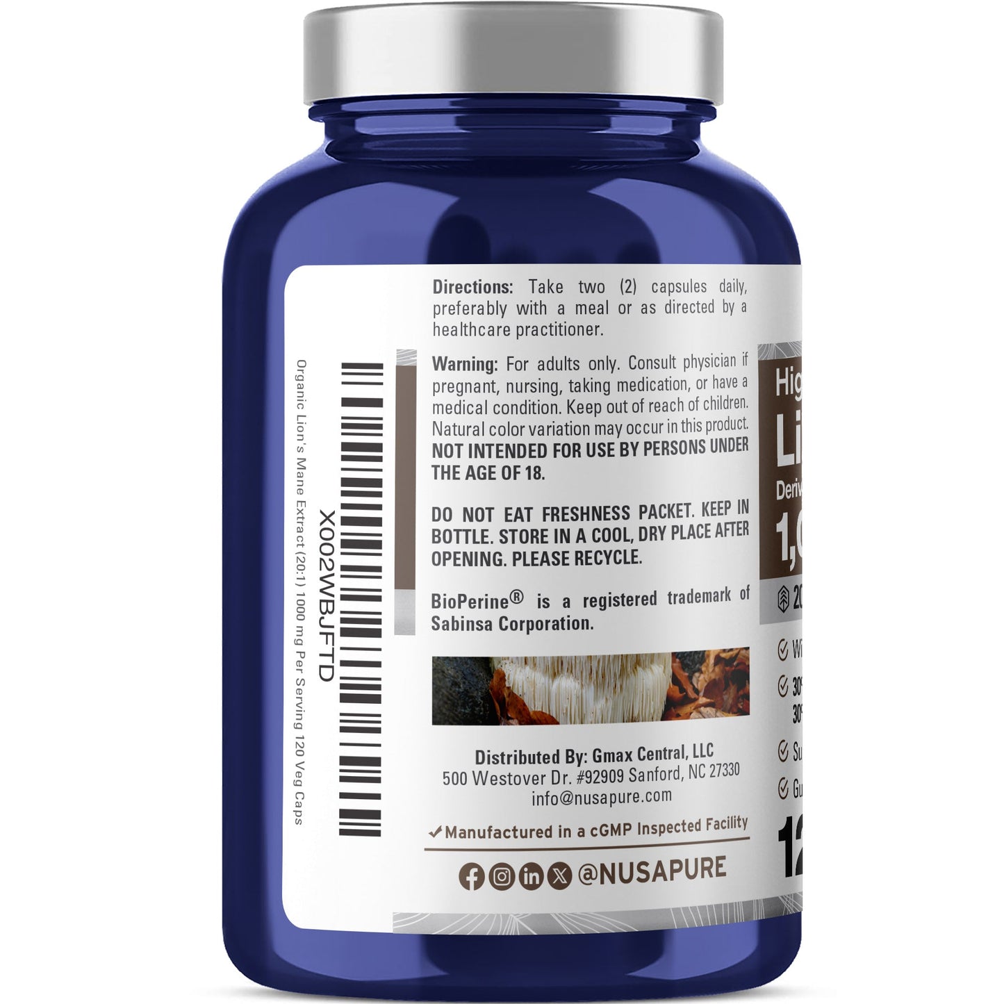 NusaPure Hongo Melena de León Extracto 20:1 1000 mg - Hecho con Melena de León Orgánica, Bioperina - 30 % Polisacáridos - 120 Cápsulas Vegetales. Sin OGM, Sin Gluten