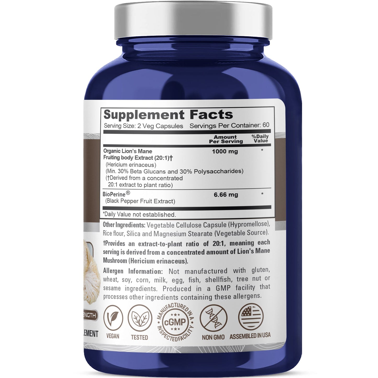 NusaPure Hongo Melena de León Extracto 20:1 1000 mg - Hecho con Melena de León Orgánica, Bioperina - 30 % Polisacáridos - 120 Cápsulas Vegetales. Sin OGM, Sin Gluten