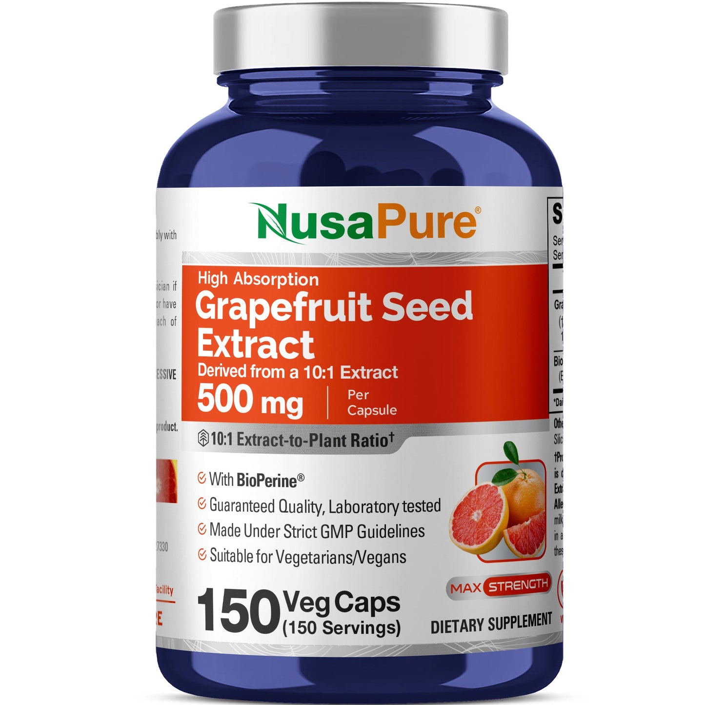 NusaPure Extracto de Toronja 500 mg por Cápsula (Extracto 10:1) Bioperine 150 Cápsulas Vegetales (Sin Gluten y Sin OGM)