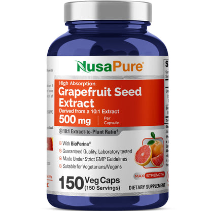 NusaPure Extracto de Toronja 500 mg por Cápsula (Extracto 10:1) Bioperine 150 Cápsulas Vegetales (Sin Gluten y Sin OGM)