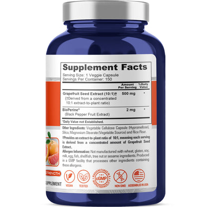 NusaPure Extracto de Toronja 500 mg por Cápsula (Extracto 10:1) Bioperine 150 Cápsulas Vegetales (Sin Gluten y Sin OGM)
