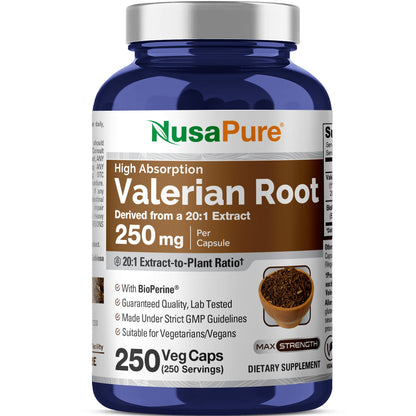 NusaPure Raíz de Valeriana Extracto 20:1, 250 mg por Cápsula Vegetal, 250 Cápsulas, Vegano, Sin OGM, Bioperine