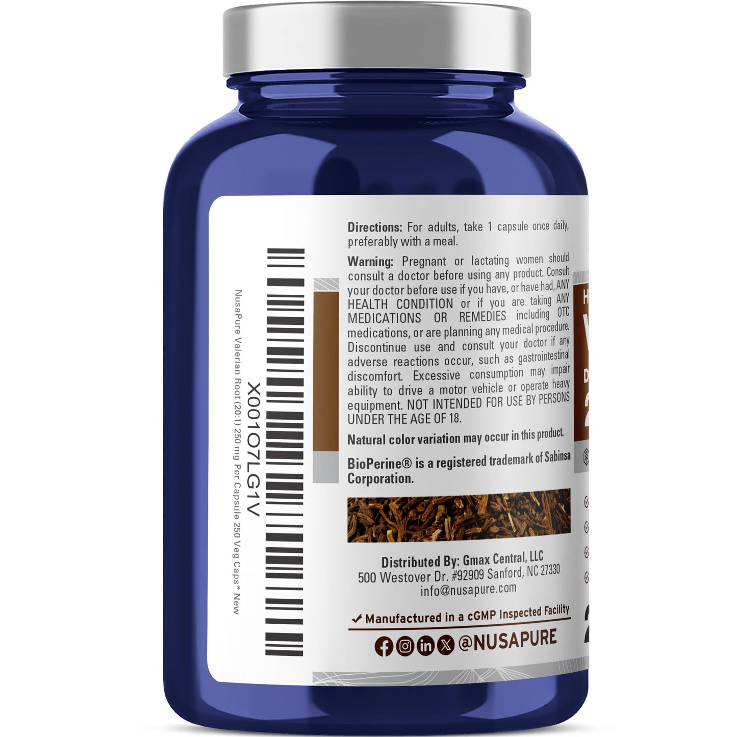 NusaPure Raíz de Valeriana Extracto 20:1, 250 mg por Cápsula Vegetal, 250 Cápsulas, Vegano, Sin OGM, Bioperine