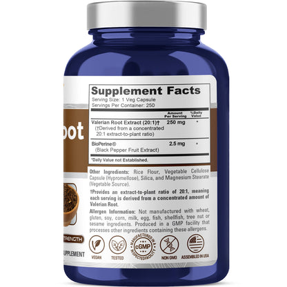 NusaPure Raíz de Valeriana Extracto 20:1, 250 mg por Cápsula Vegetal, 250 Cápsulas, Vegano, Sin OGM, Bioperine