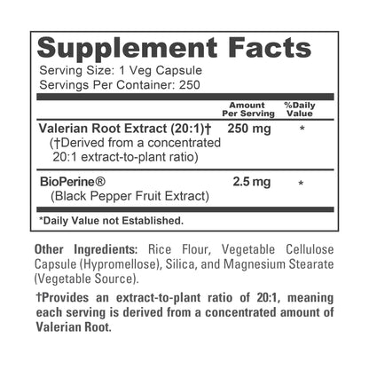 NusaPure Raíz de Valeriana Extracto 20:1, 250 mg por Cápsula Vegetal, 250 Cápsulas, Vegano, Sin OGM, Bioperine
