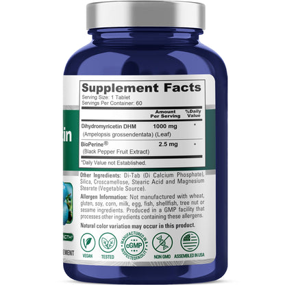 NusaPure Dihydromyricetin (DHM) 1,000mg 60 Veggie Tablets (No GMO & 100% Vegetarian)