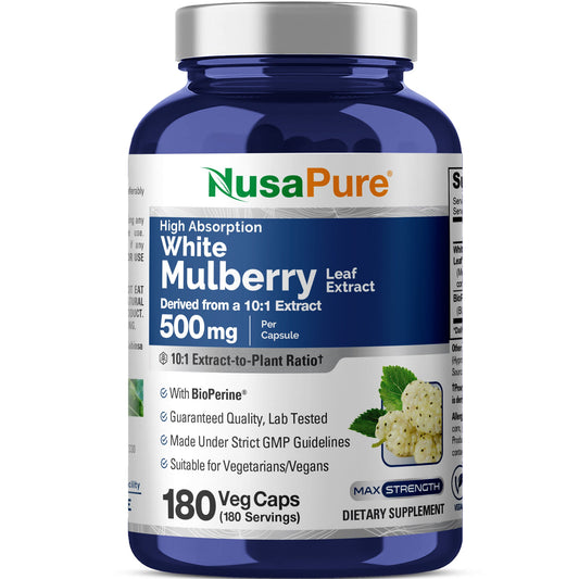 Extracto de hoja de morera blanca 10:1 de NusaPure, 500 mg, 180 cápsulas vegetales (vegetariano, Bioperine)