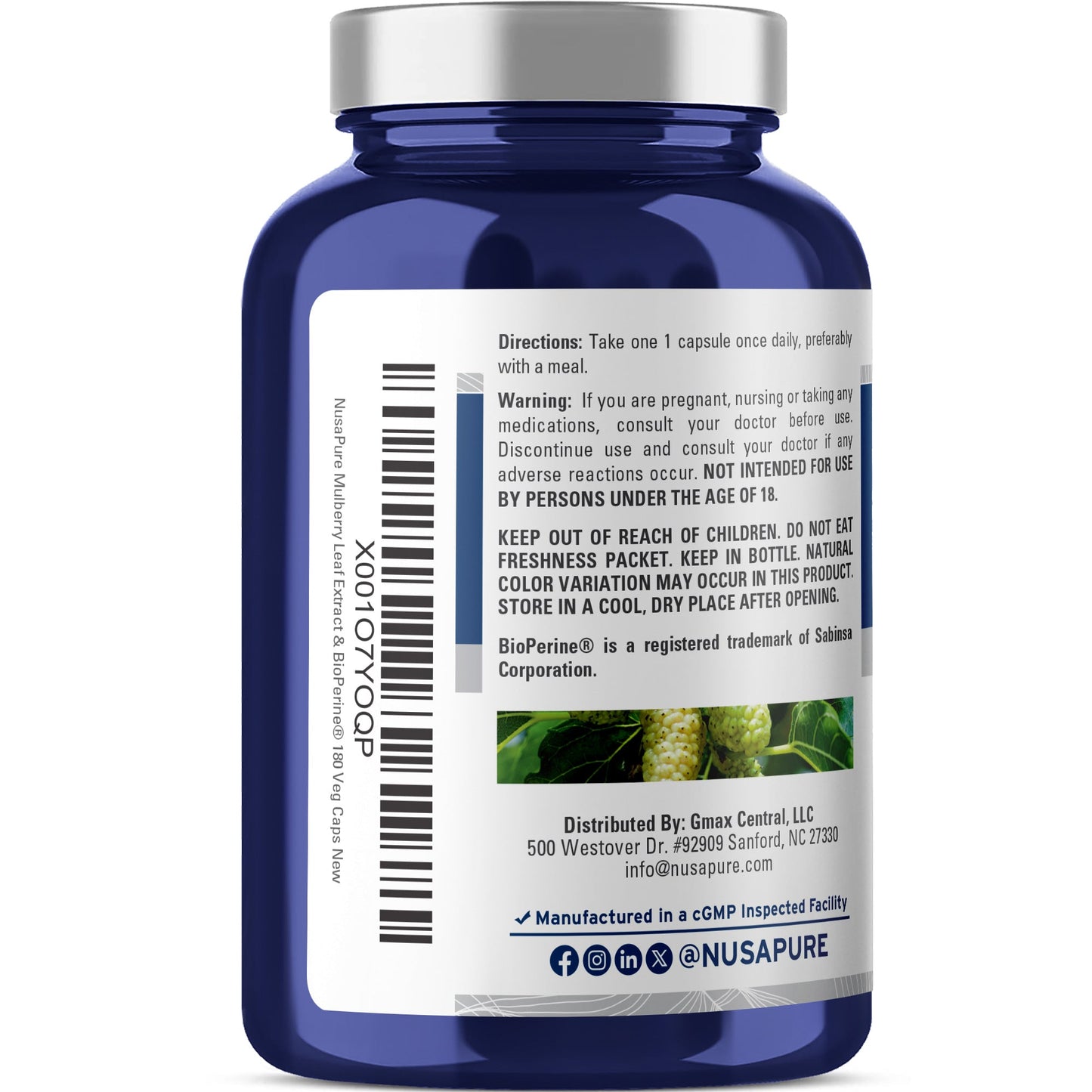 Extracto de hoja de morera blanca 10:1 de NusaPure, 500 mg, 180 cápsulas vegetales (vegetariano, Bioperine)