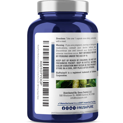 Extracto de hoja de morera blanca 10:1 de NusaPure, 500 mg, 180 cápsulas vegetales (vegetariano, Bioperine)