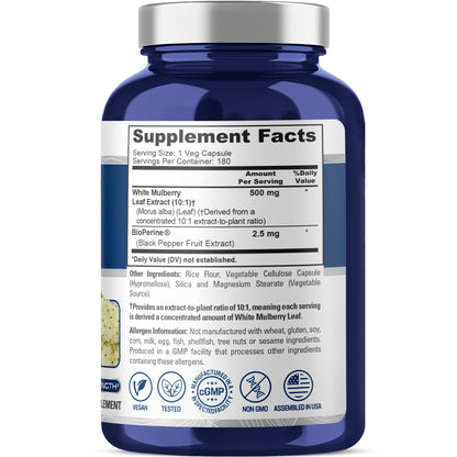 Extracto de hoja de morera blanca 10:1 de NusaPure, 500 mg, 180 cápsulas vegetales (vegetariano, Bioperine)