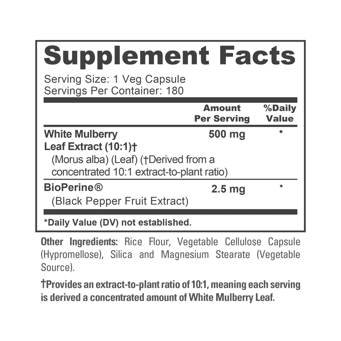 Extracto de hoja de morera blanca 10:1 de NusaPure, 500 mg, 180 cápsulas vegetales (vegetariano, Bioperine)