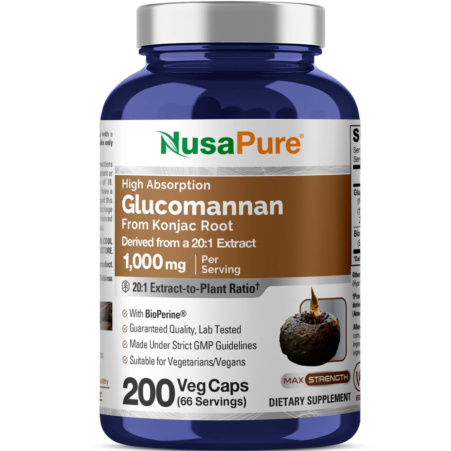 NusaPure Glucomanano 1.000 mg por porción 200 VCápsulas (Extracto 20:1, BioPerine sin OMG, Vegano) Raíz de Konjac