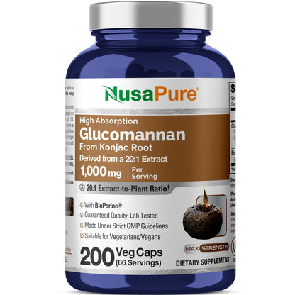 NusaPure Glucomanano 1.000 mg por porción 200 VCápsulas (Extracto 20:1, BioPerine sin OMG, Vegano) Raíz de Konjac