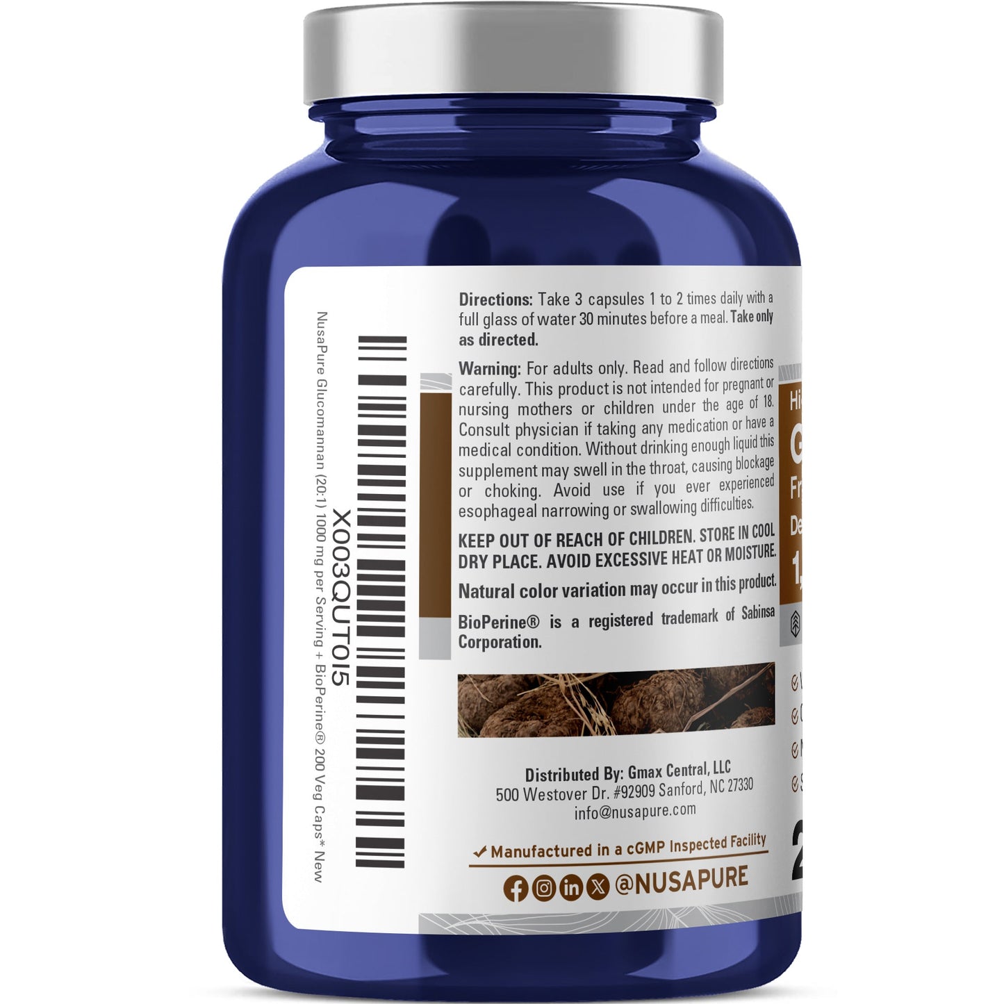 NusaPure Glucomanano 1.000 mg por porción 200 VCápsulas (Extracto 20:1, BioPerine sin OMG, Vegano) Raíz de Konjac