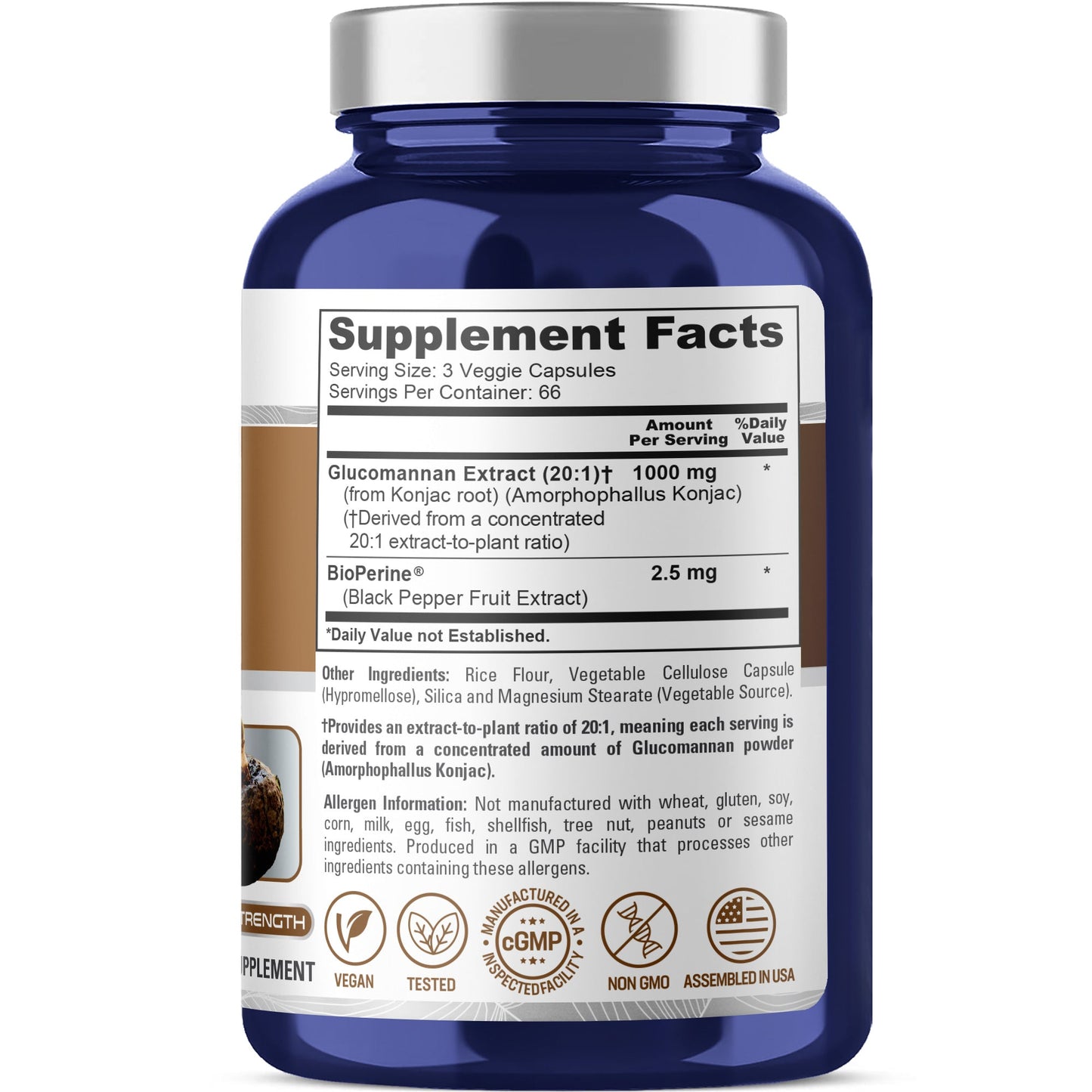 NusaPure Glucomanano 1.000 mg por porción 200 VCápsulas (Extracto 20:1, BioPerine sin OMG, Vegano) Raíz de Konjac