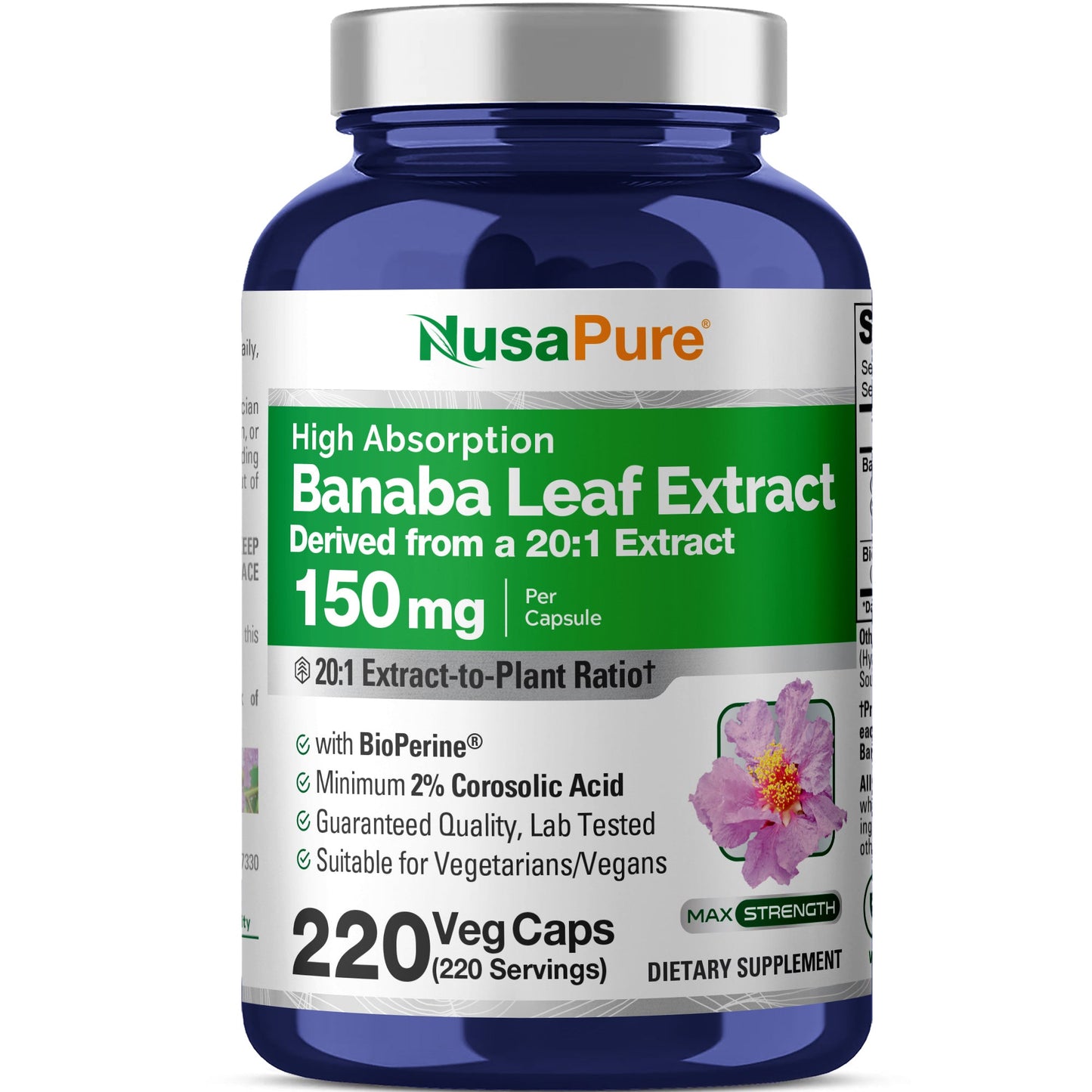 Hoja de Banaba NusaPure, 150 mg, 220 cápsulas vegetales (sin OGM, vegano)