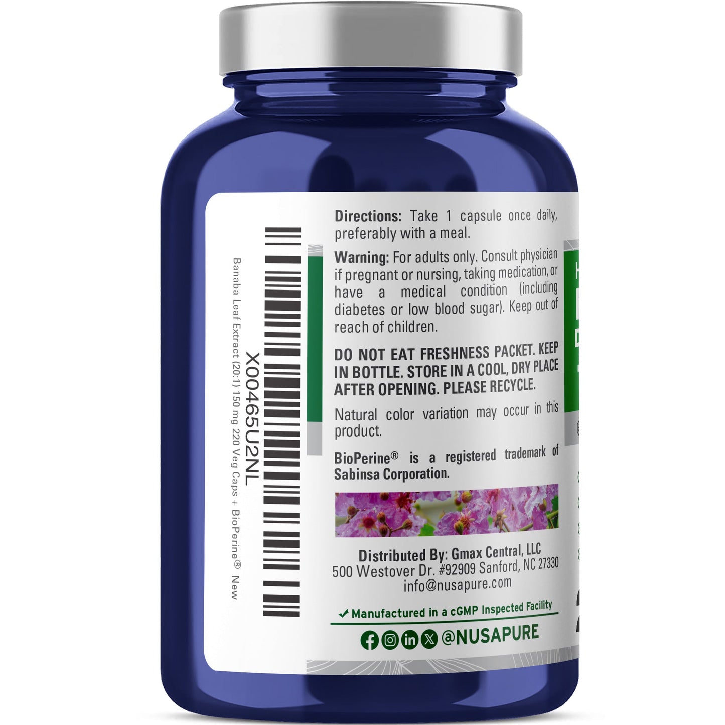 Hoja de Banaba NusaPure, 150 mg, 220 cápsulas vegetales (sin OGM, vegano)