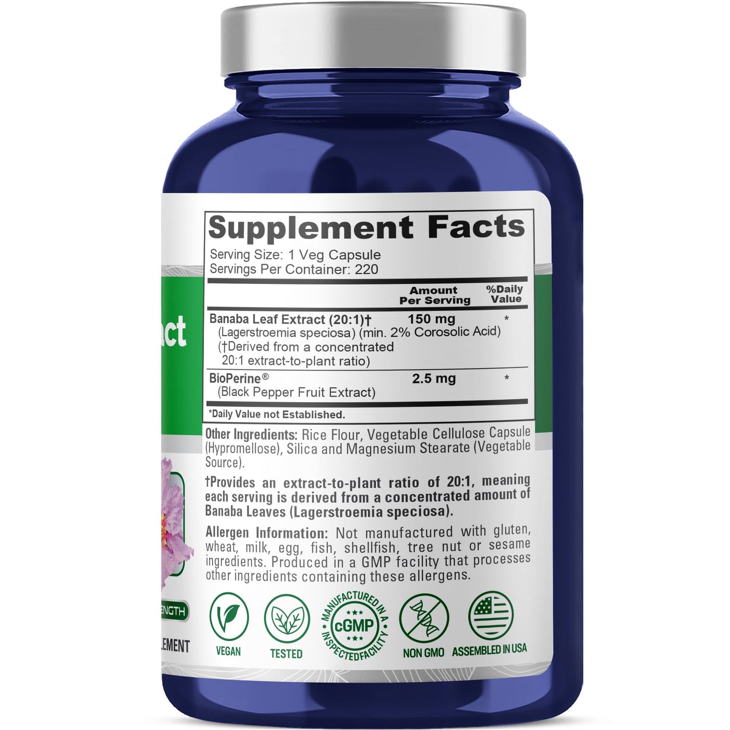 Hoja de Banaba NusaPure, 150 mg, 220 cápsulas vegetales (sin OGM, vegano)