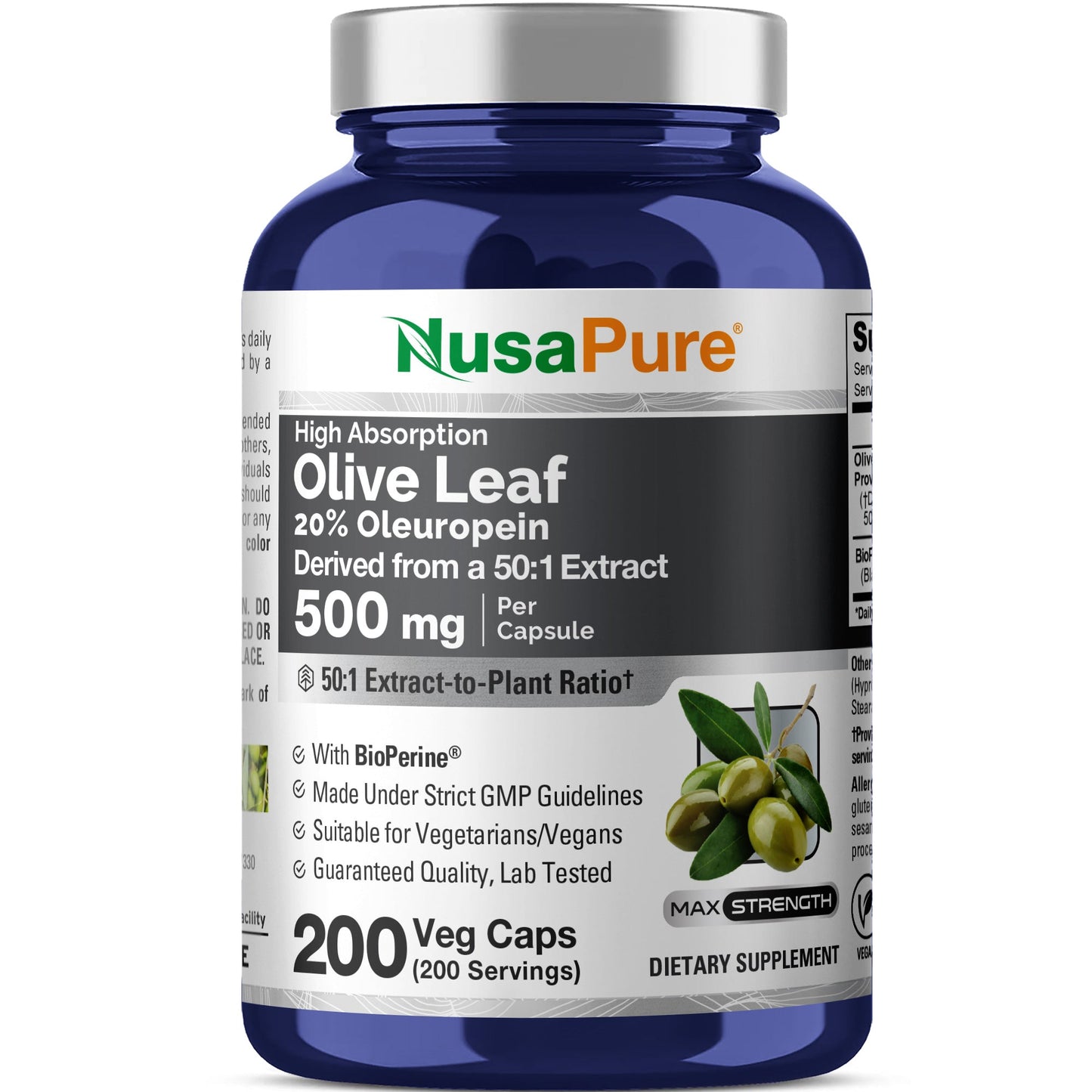 NusaPure Hoja de Olivo 20% Oleuropeína Extracto 50:1, 500 mg 200 Cápsulas Vegetales Apto para Vegetarianos y Veganos, No OGM