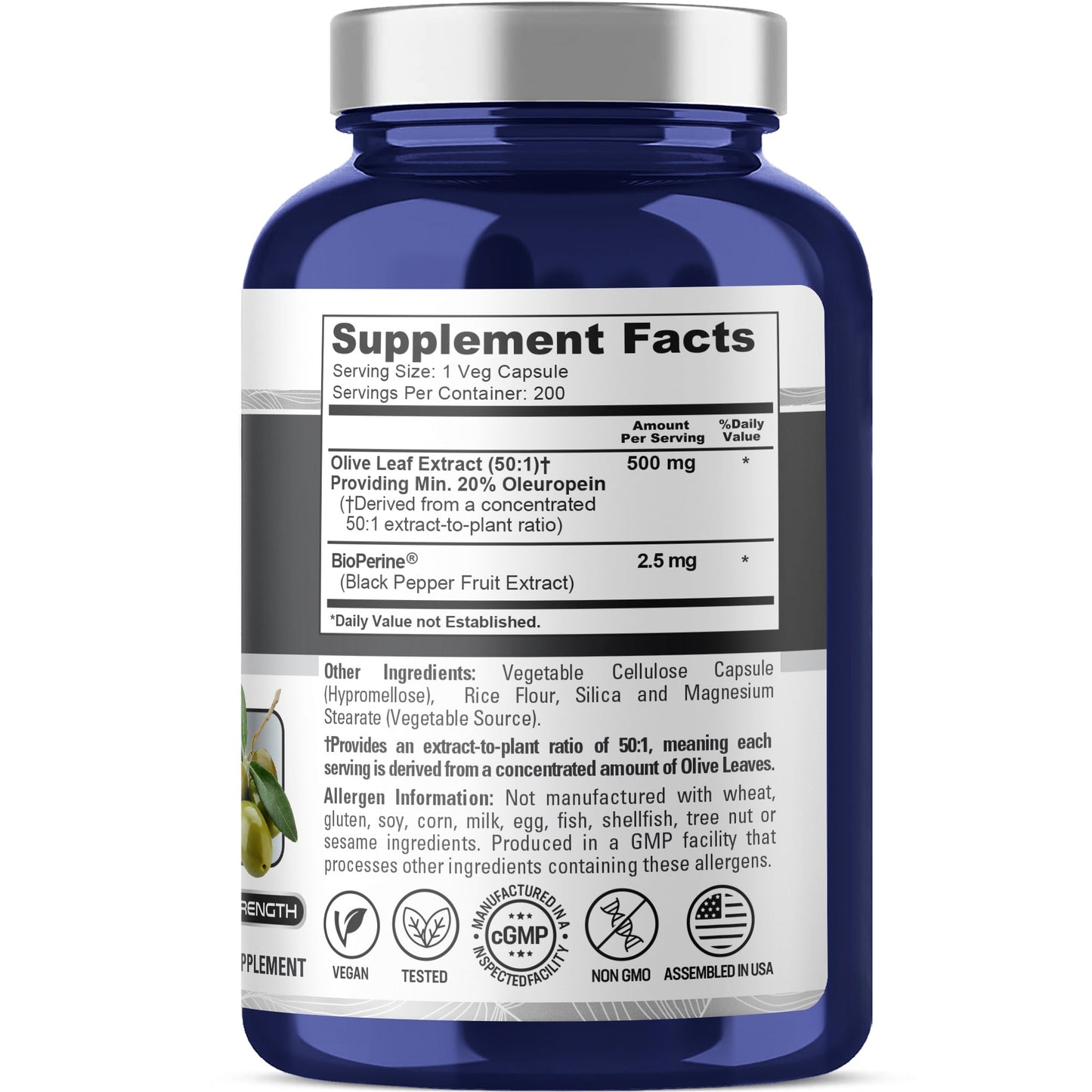 NusaPure Hoja de Olivo 20% Oleuropeína Extracto 50:1, 500 mg 200 Cápsulas Vegetales Apto para Vegetarianos y Veganos, No OGM