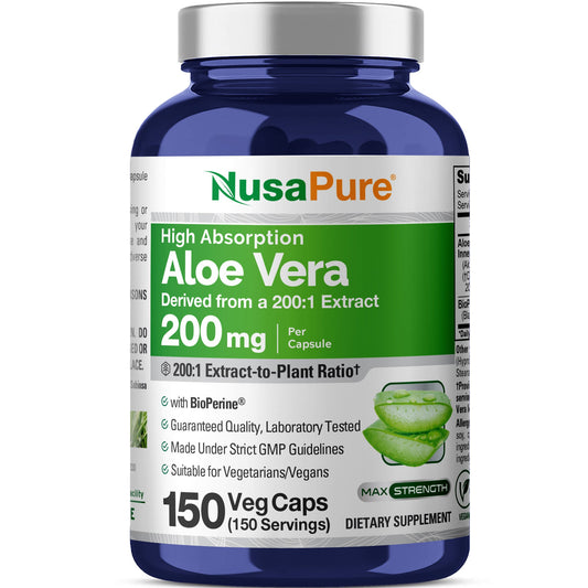NusaPure Aloe Vera 200mg por cápsulas vegetales - 150 unidades - Suplemento de gel de aloe vera - Extracto 200:1, Vegetariano, No OGM, Bioperine