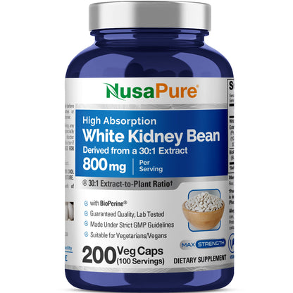 NusaPure Extracto de frijol blanco 30:1, 800 mg, 200 cápsulas veganas - Bioperine - (Vegano, no transgénico)