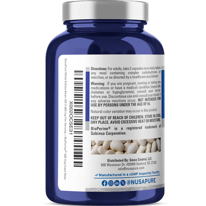 NusaPure Extracto de frijol blanco 30:1, 800 mg, 200 cápsulas veganas - Bioperine - (Vegano, no transgénico)