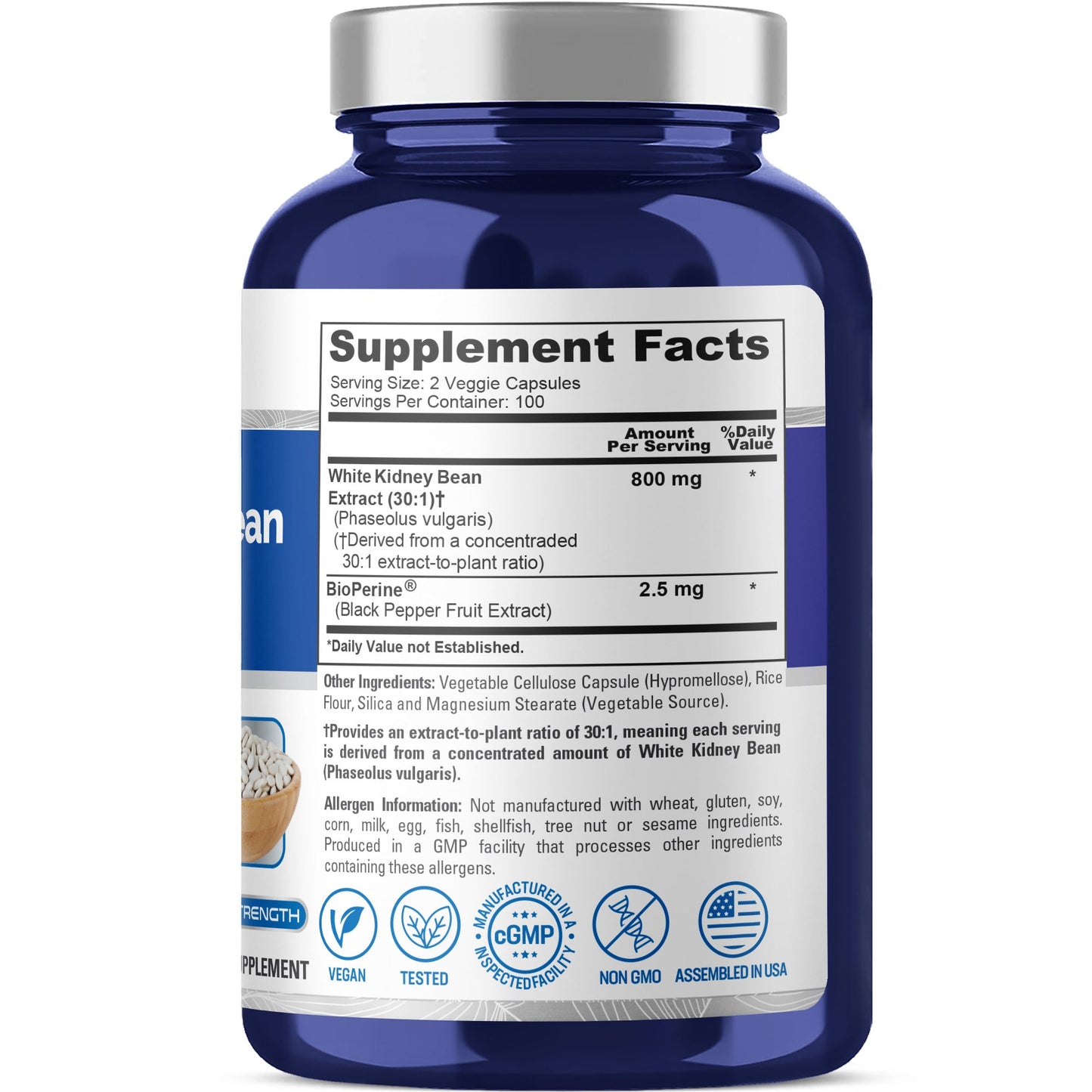 NusaPure Extracto de frijol blanco 30:1, 800 mg, 200 cápsulas veganas - Bioperine - (Vegano, no transgénico)