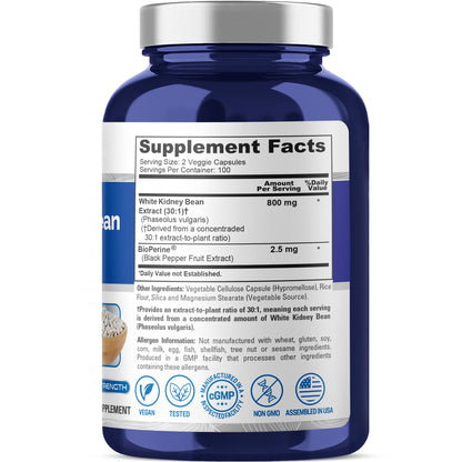 NusaPure Extracto de frijol blanco 30:1, 800 mg, 200 cápsulas veganas - Bioperine - (Vegano, no transgénico)