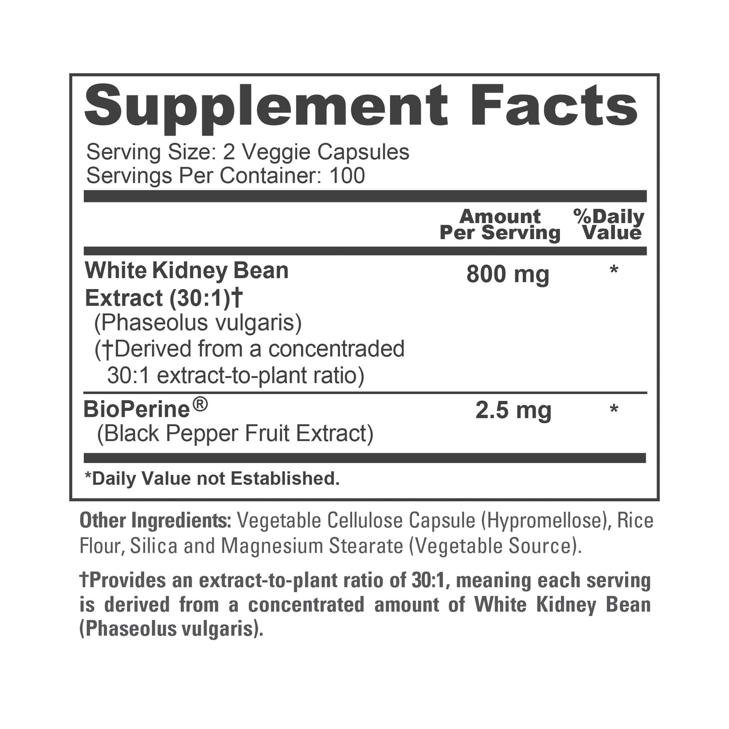 NusaPure Extracto de frijol blanco 30:1, 800 mg, 200 cápsulas veganas - Bioperine - (Vegano, no transgénico)