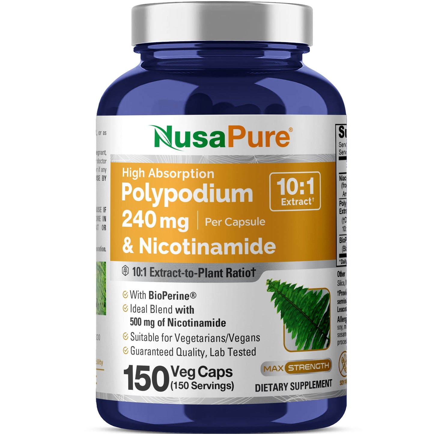 NusaPure Extracto de Polipodio Nicotinamida 10:1, 240 mg por cápsula vegetal - 150 unidades (sin OMG, sin soja, Bioperine)