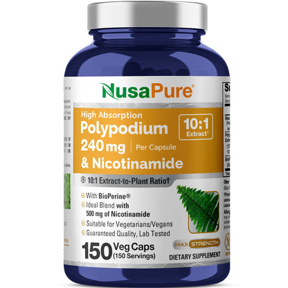 NusaPure Extracto de Polipodio Nicotinamida 10:1, 240 mg por cápsula vegetal - 150 unidades (sin OMG, sin soja, Bioperine)