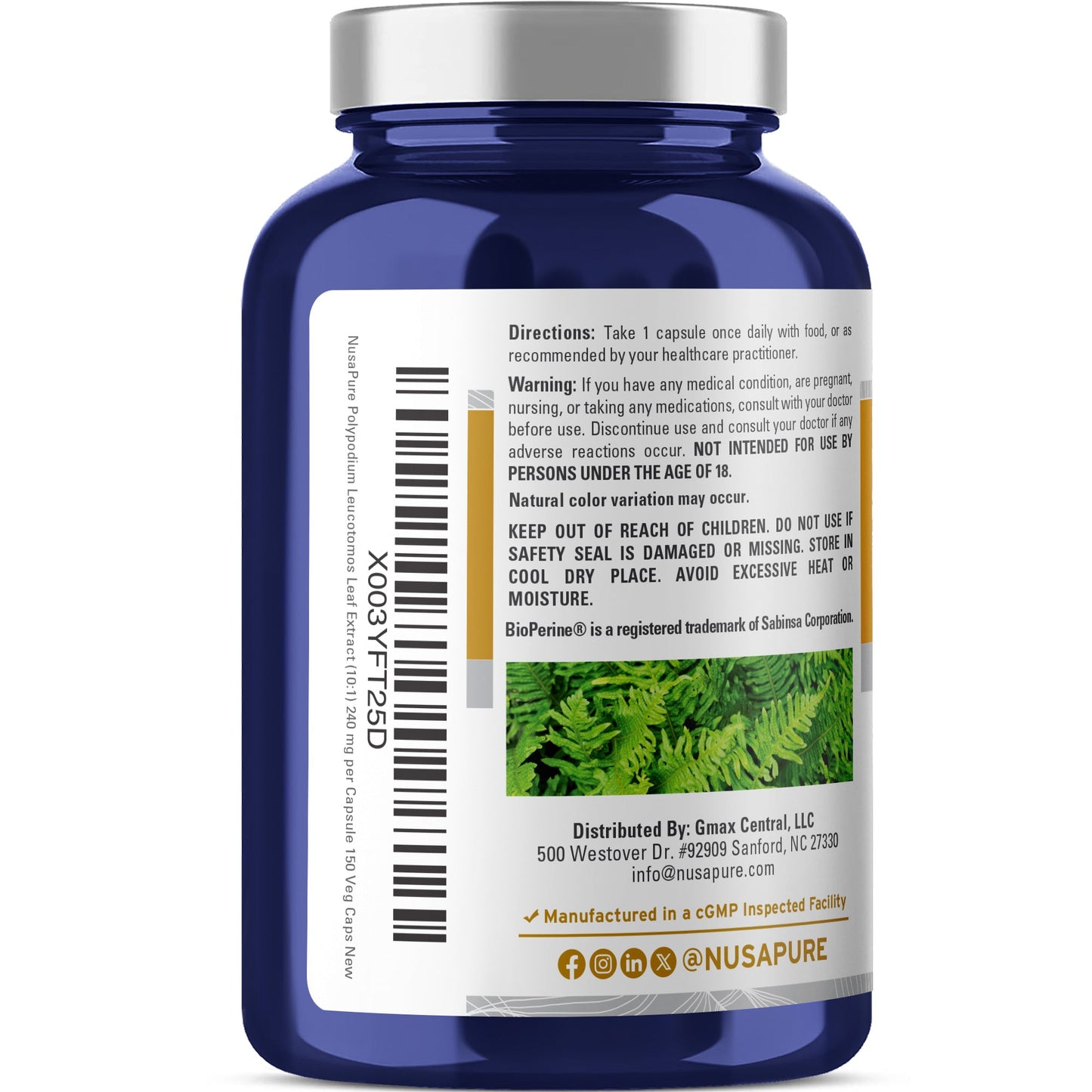 NusaPure Extracto de Polipodio Nicotinamida 10:1, 240 mg por cápsula vegetal - 150 unidades (sin OMG, sin soja, Bioperine)