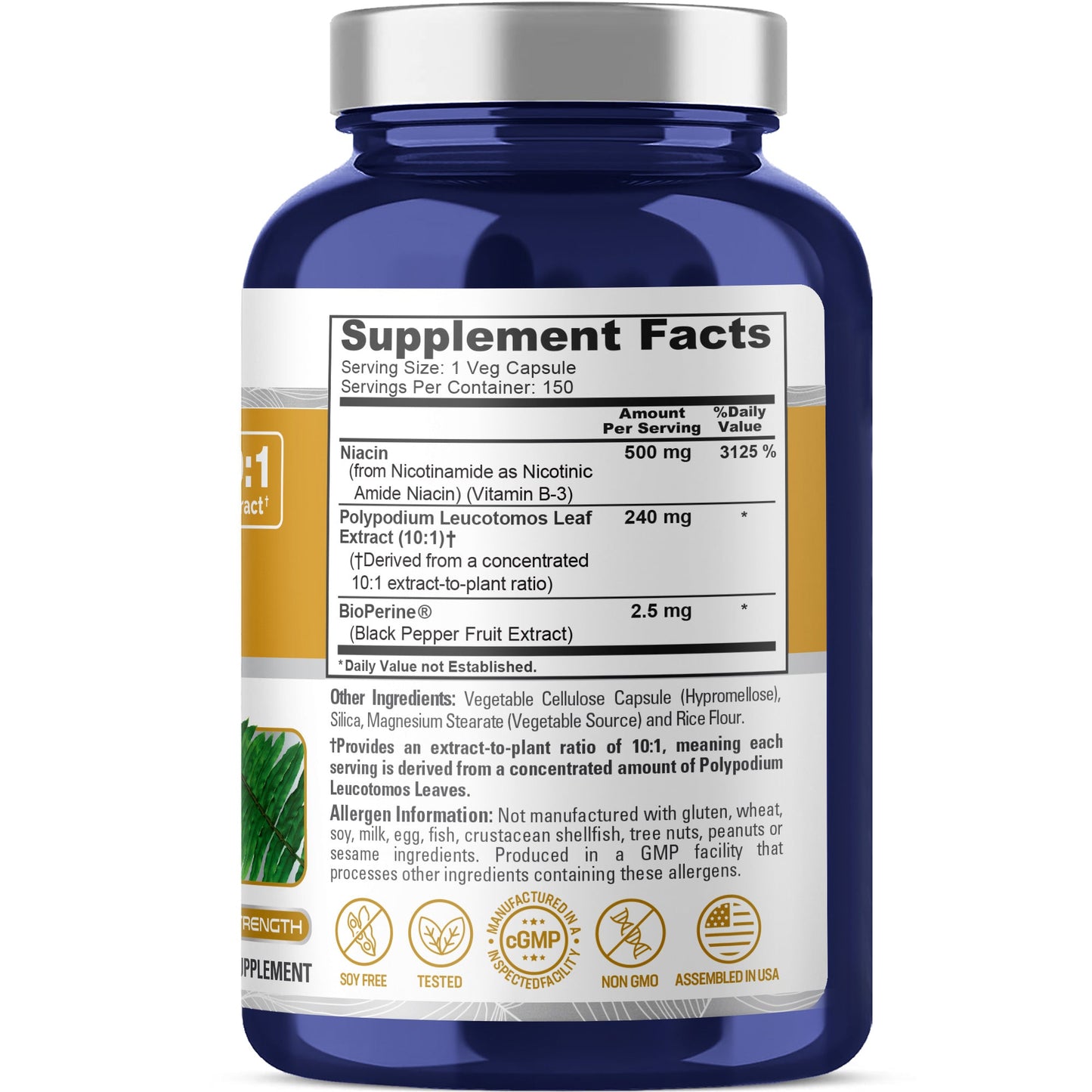 NusaPure Extracto de Polipodio Nicotinamida 10:1, 240 mg por cápsula vegetal - 150 unidades (sin OMG, sin soja, Bioperine)