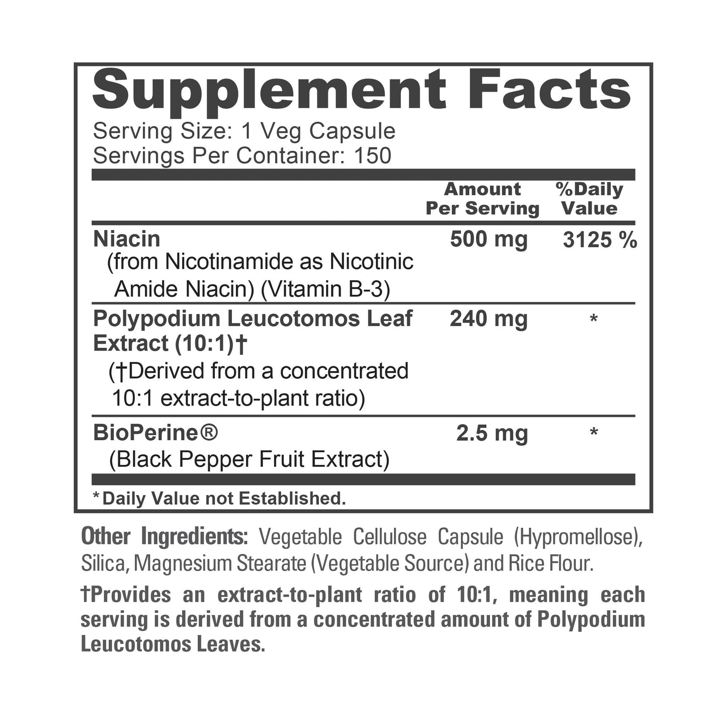 NusaPure Extracto de Polipodio Nicotinamida 10:1, 240 mg por cápsula vegetal - 150 unidades (sin OMG, sin soja, Bioperine)