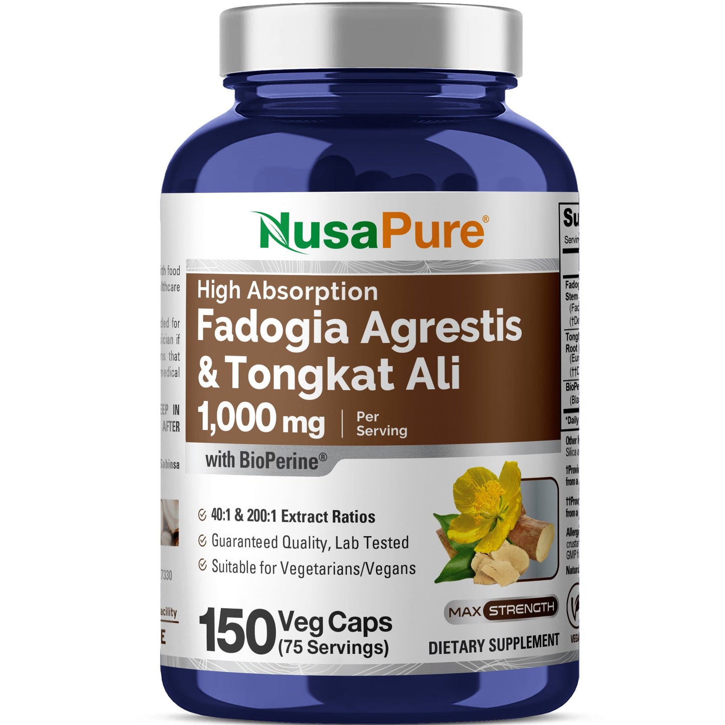 NusaPure Fadogia Agrestis 600mg + Tongkat Ali 400mg - 150 Cápsulas Vegetales - Sin OMG, Hecho en EE. UU., Dosis 2 Cápsulas Vegetales, BioPerine