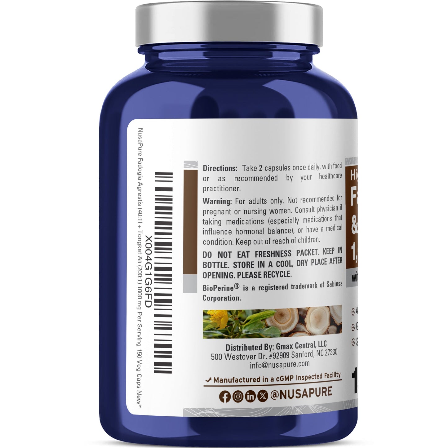 NusaPure Fadogia Agrestis 600mg + Tongkat Ali 400mg - 150 Cápsulas Vegetales - Sin OMG, Hecho en EE. UU., Dosis 2 Cápsulas Vegetales, BioPerine