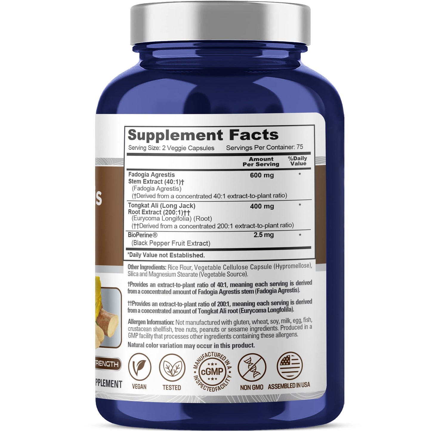 NusaPure Fadogia Agrestis 600mg + Tongkat Ali 400mg - 150 Cápsulas Vegetales - Sin OMG, Hecho en EE. UU., Dosis 2 Cápsulas Vegetales, BioPerine