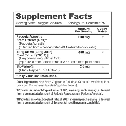 NusaPure Fadogia Agrestis 600mg + Tongkat Ali 400mg - 150 Cápsulas Vegetales - Sin OMG, Hecho en EE. UU., Dosis 2 Cápsulas Vegetales, BioPerine