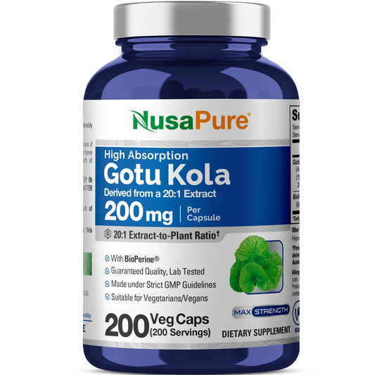 NusaPure Gotu Kola Capsules 20:1 Extract, 200 mg Per Veggie Caps, 200 Count, Non-GMO, Vegan, Bioperine - Traditional Herb Extract