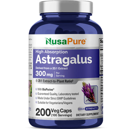 NusaPure Astrágalo Extracto 20:1, 300 mg por porción, 200 Cápsulas Vegetales, Vegano, sin OMG y Bioperina